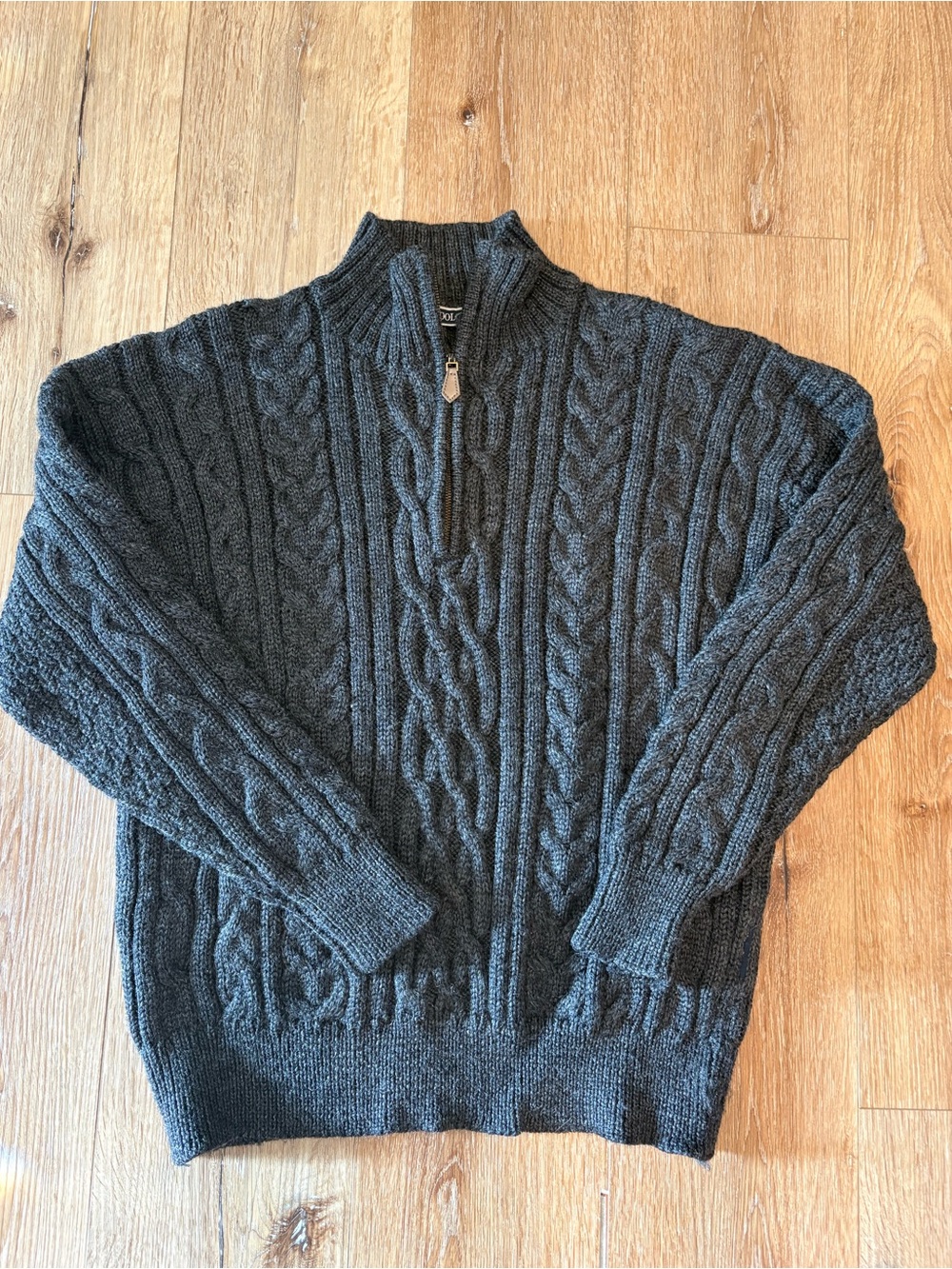Woolovers Men's Dark Gray Cable-Knit Half-Zip Sweater. 100% British Wool